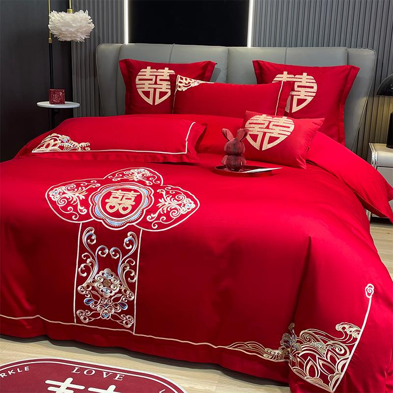 婚庆四件大红色床4185296简约刺绣结房组嫁礼喜庆被套单笠欧式床