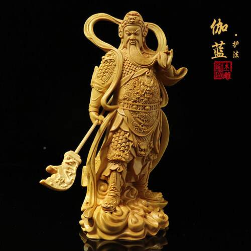 黄关杨木伽蓝韦陀雕木质雕刻摆件公伽神蓝韦陀尊者左右护发把像门
