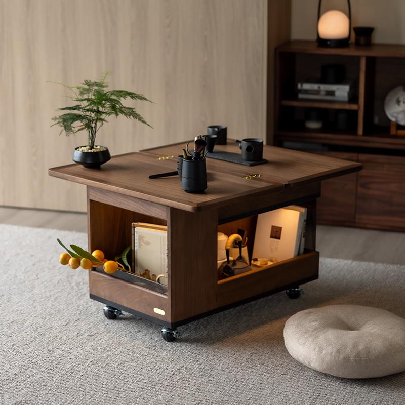 沙折发柜动侧边柜可叠翻转实木边几黑胡桃木可边移小推车旋转茶几