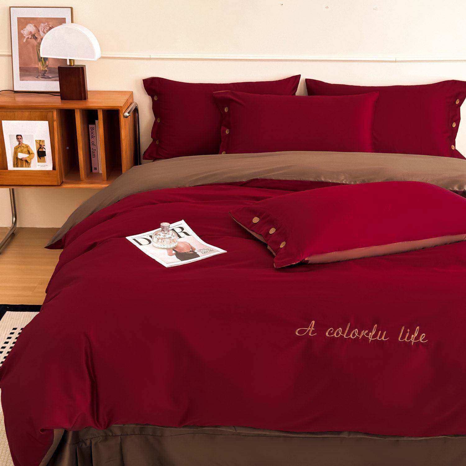 轻奢床高级100S红色感四件套婚上用品全GIQ棉喜被结婚庆简约高端