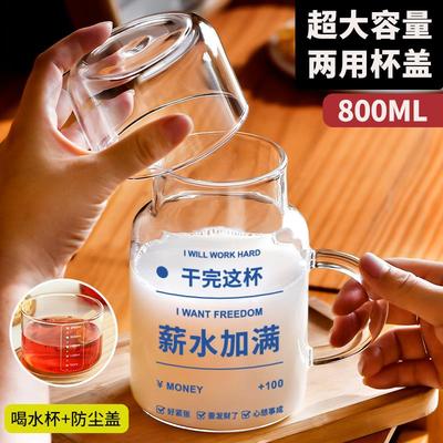 玻璃杯大容量带盖泡茶杯刻度杯男喝水杯家用耐热高温杯子女带把手