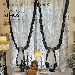 复古棉麻蕾丝双层飘窗窗帘卧室阳台隔断半截帘衣帽间装 法式 饰门帘