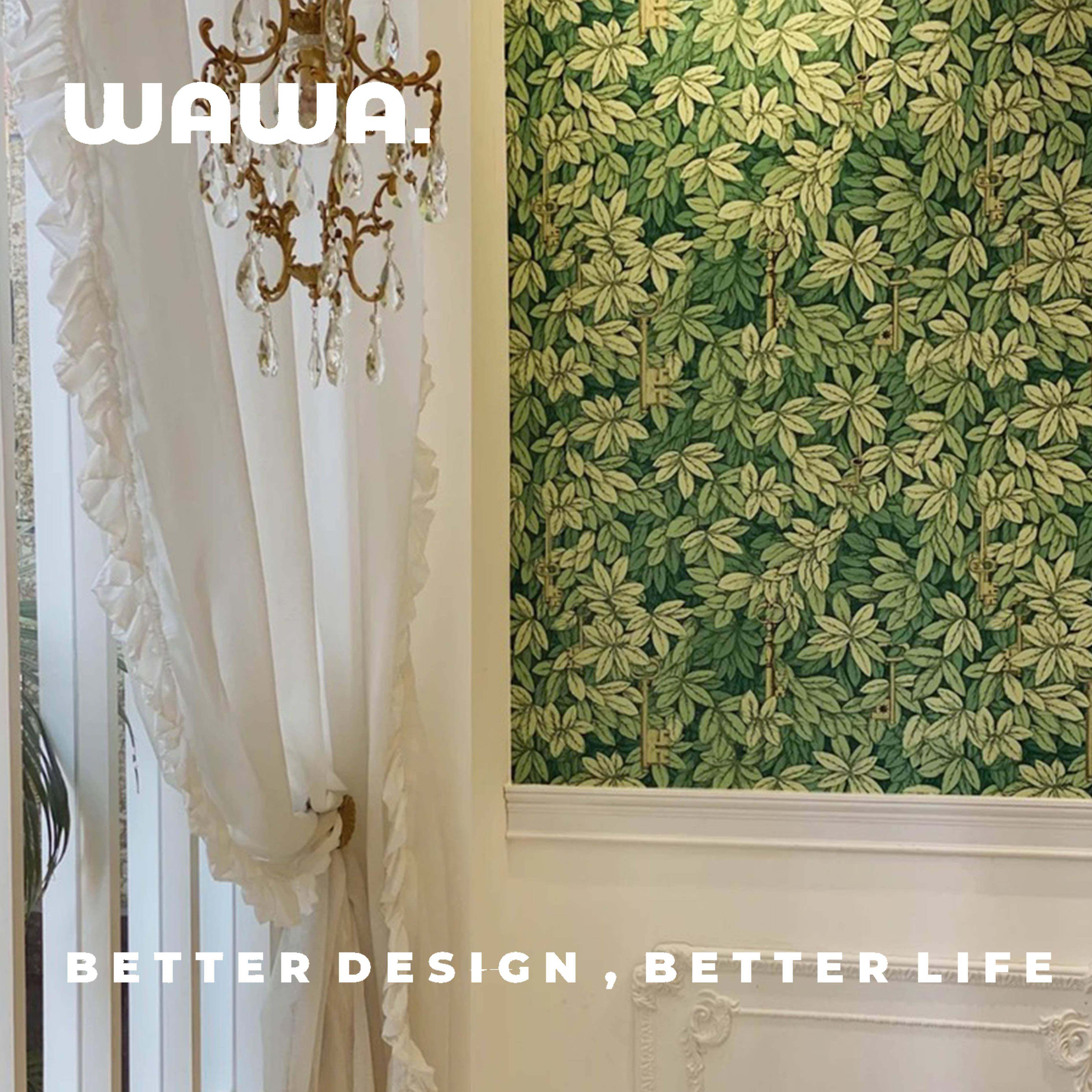 小红书ins英国法式轻奢森林网红绿叶钥匙墙纸壁纸国产无缝墙布