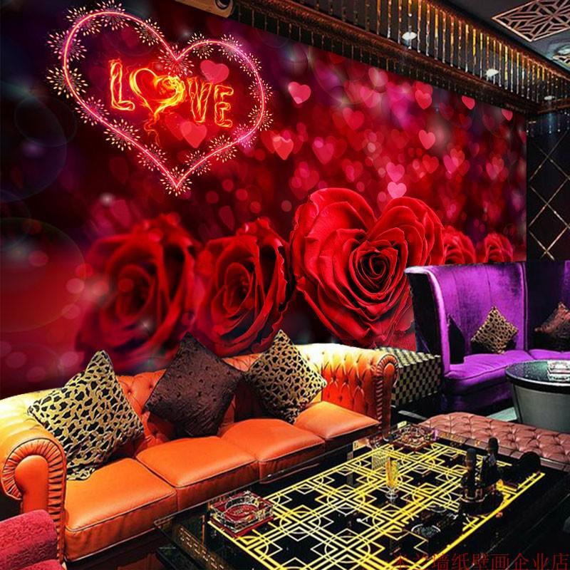 情侣主题酒店宾馆壁画KTV酒吧3d立体壁纸婚房卧室红色玫瑰花墙布
