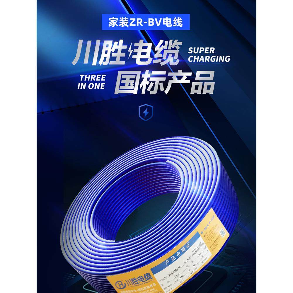川胜国标铜芯单股bv电线1.5/2.5/4/6/10平方阻燃家用电线硬铜线