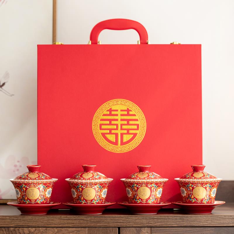 唐呈珐琅彩敬茶杯新婚碗筷套装中式陪嫁茶具红色盖碗结婚改口茶杯