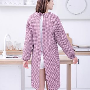 防污帶袖 工作服 圍裙女士時尚 田園風加厚棉布罩衣家用廚房做飯長袖