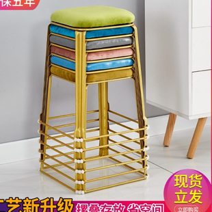 金色现代简约板凳 轻奢餐桌凳子家用钢筋凳网红布艺加厚高方凳时尚