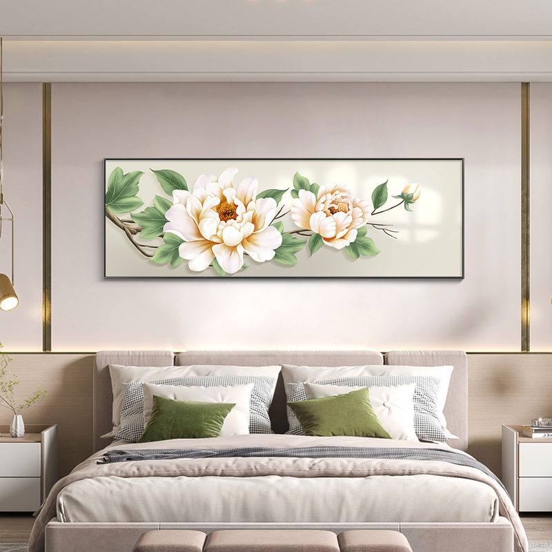 牡丹卧室床头挂画客厅沙发背景墙挂画主卧装饰画花开富贵横版壁画图片