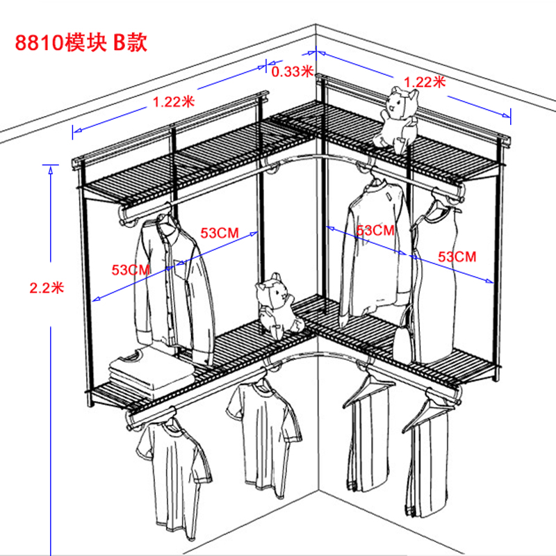 8810转角模块B款 1.55+1.22米 阁室美线型层架衣柜衣帽间