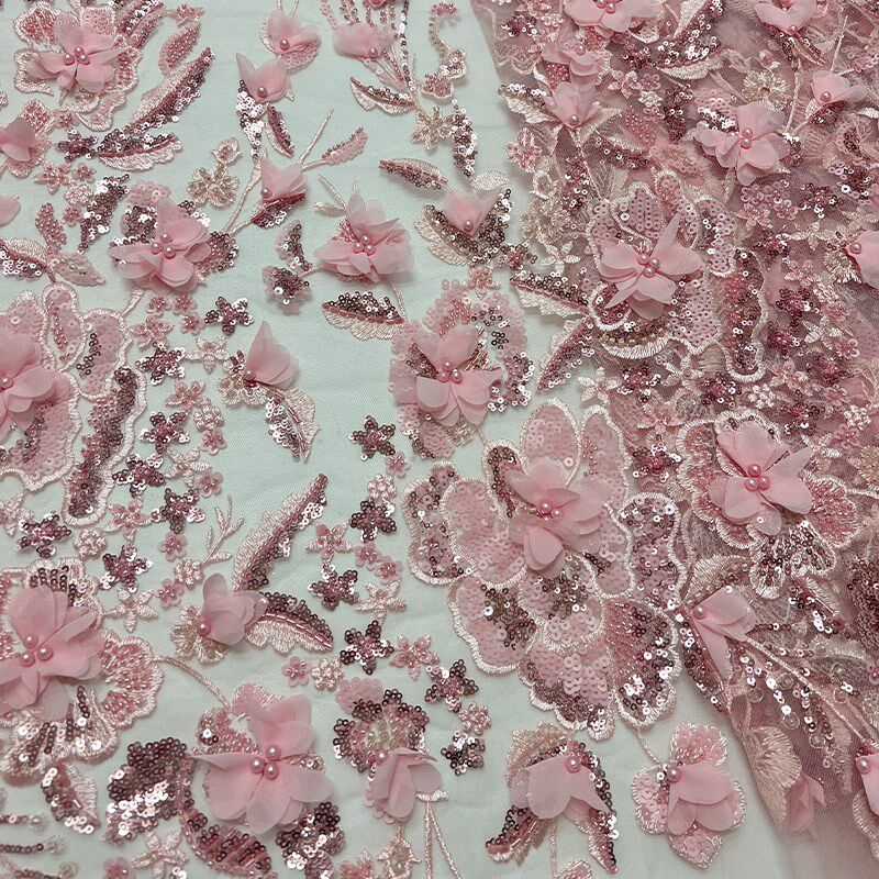 新款粉红色网纱布料钉珠立体雪坊花型泡泡珠亮片刺绣面料礼服婚纱