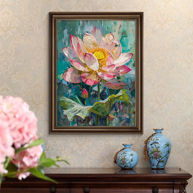 纯手绘油画荷花玄关装饰画欧式复古餐厅风景挂画高级感睡莲壁画图片