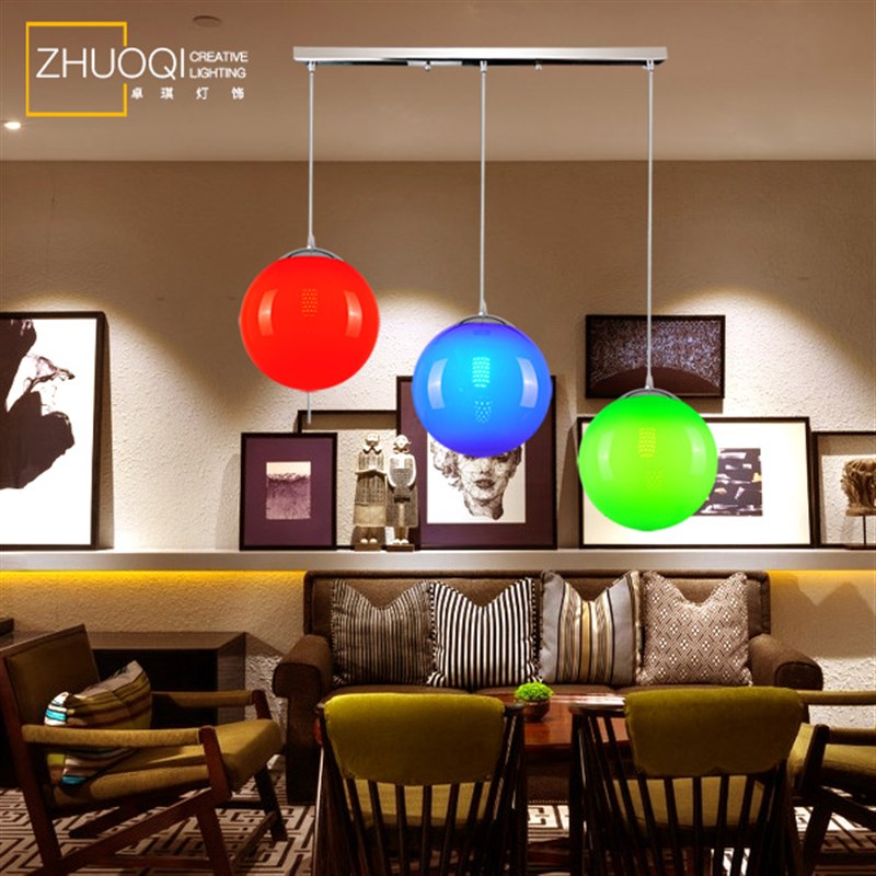 彩色圆球餐厅吊灯现代简约三头LED酒吧灯过道餐饮吧台幼儿园灯具
