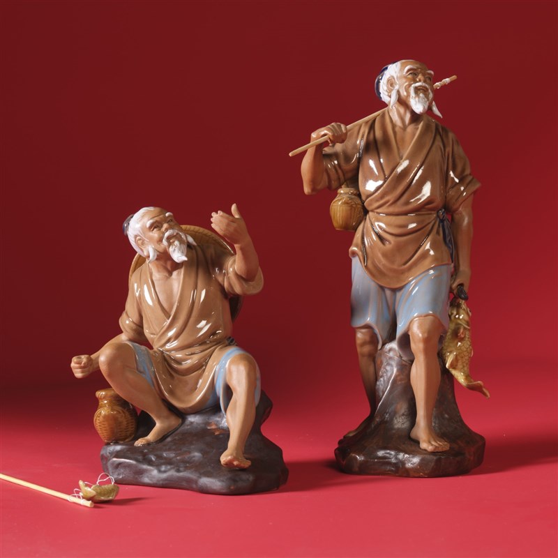 石湾陶艺人物渔翁得利公仔陶瓷盆景假山博古装饰品姜太公钓鱼摆件