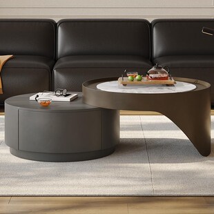 浪度家居岩板茶几意式极简客厅小户型拼色伸缩低大小圆茶桌