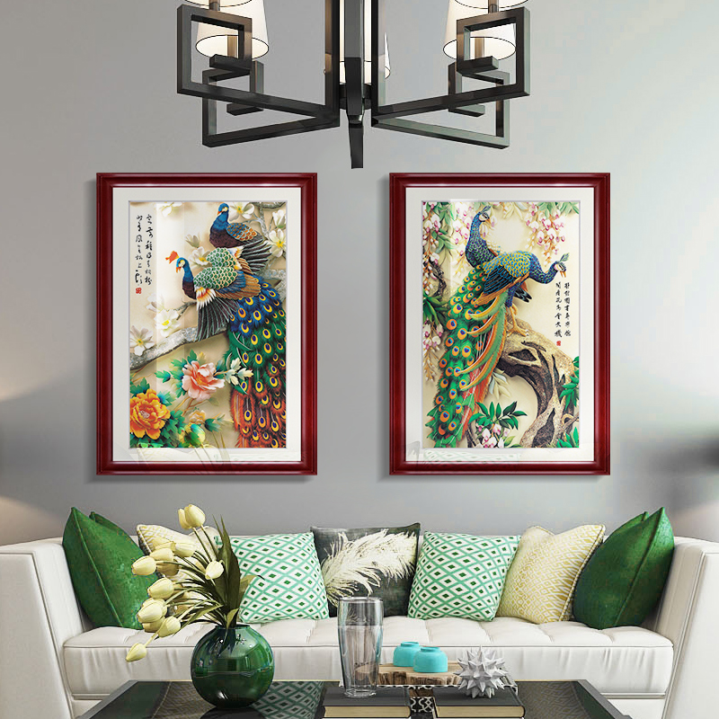花鸟孔雀装饰画现代中式客厅沙发背景墙挂画卧室三联壁画有框画图片