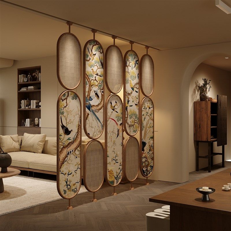 设计师藤编旋转实木屏风隔断酒店茶室大堂现代玄关背景墙,住宅家具,座屏,淘宝优惠券,粉丝福利购,淘宝优惠卷