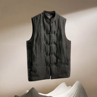 设计师款改良新中式老料香云纱红云纱羽绒马甲男轻薄款白鸭绒秋冬