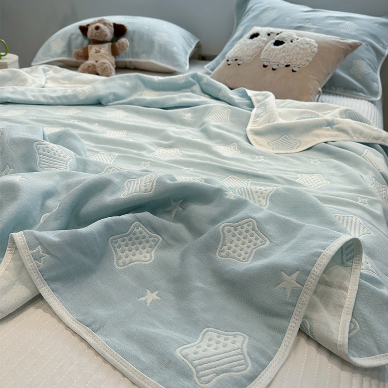 A类蓝色星星六层纱布毛巾被夏季薄款盖毯空调毯办公室午睡小毯子