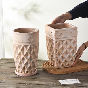 雾化白瘦高款浮雕覆古做旧透气陶土花盆 阳台简约ins风庭院造型盆