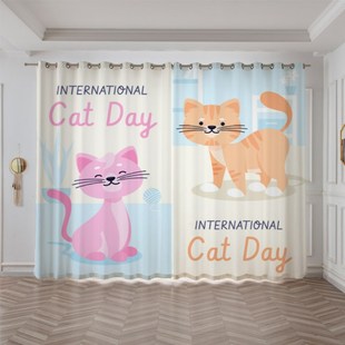 卡通爱动物猫咪儿童房卧室隔断飘窗书房遮光窗帘布