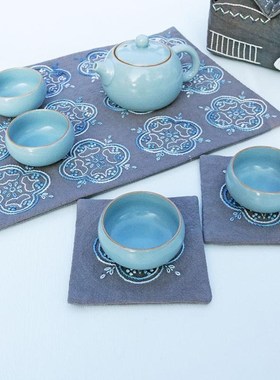窗刺子绣材料包灰色湖蓝色手工解闷自绣隔热垫茶道22*m