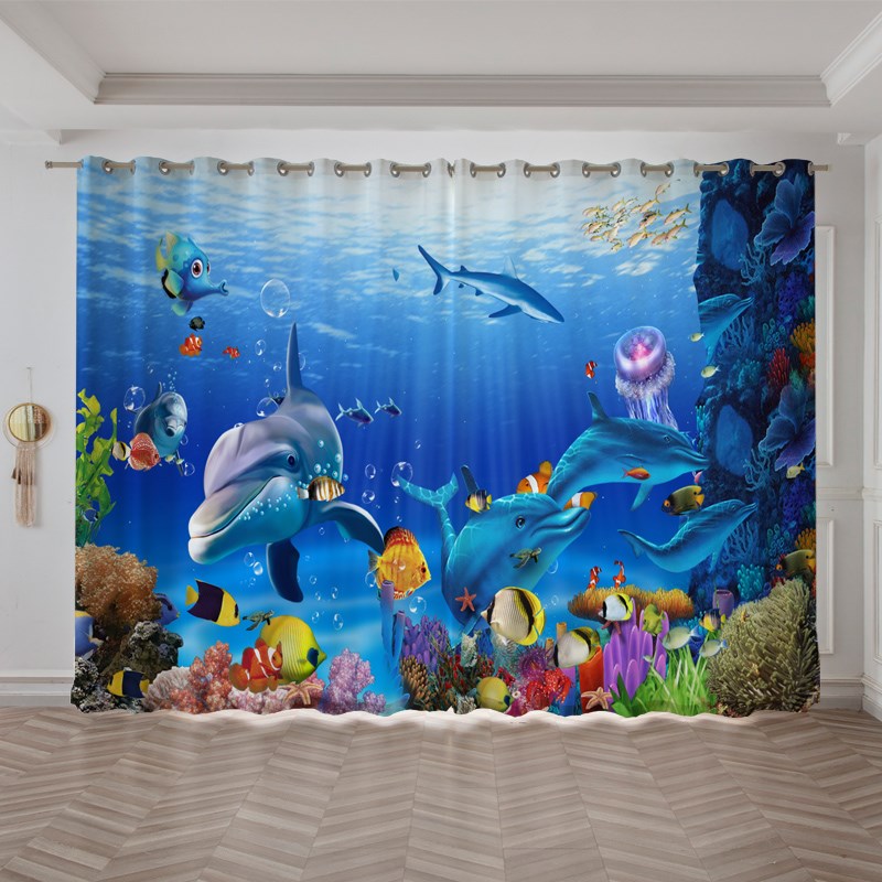 蓝色海底世界海洋鲸鱼卡通儿童房卧室飘窗男孩个性遮光窗帘布定制