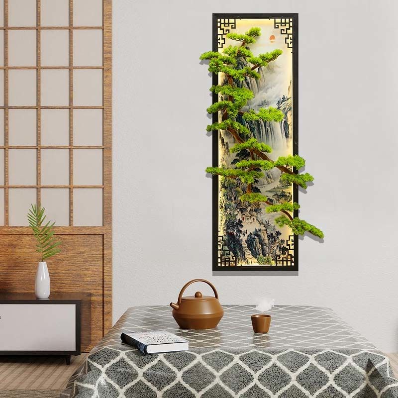 新中式带灯入户立体装饰画竖版走廊过道壁挂背景墙沙发迎客松饰品图片