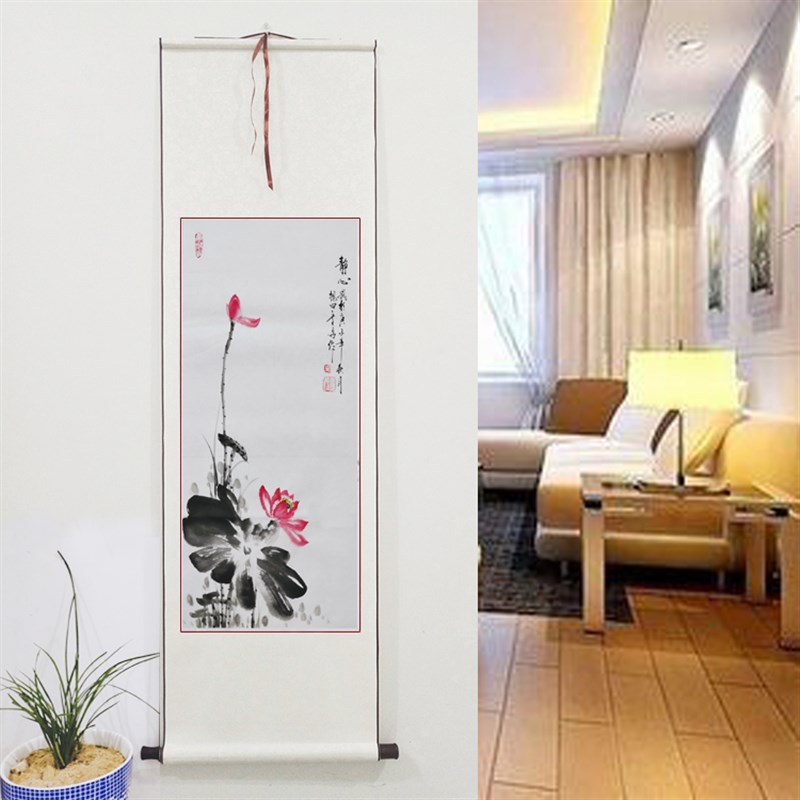 国画荷花卷轴装裱纯手绘真迹客厅装饰画写意花鸟画定制卧室水墨画图片