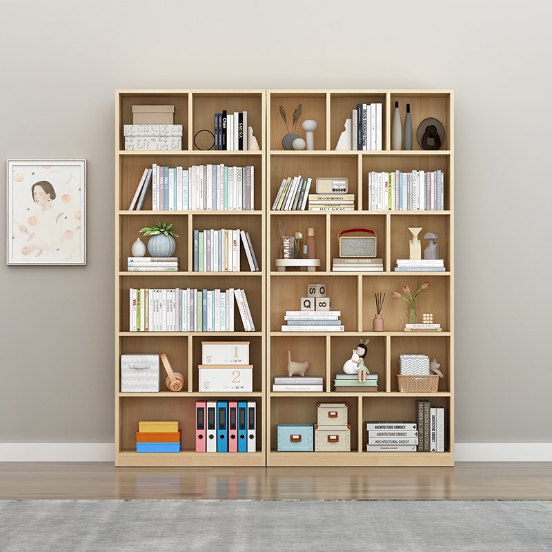 实木书架书柜落地阅读架书柜一体整墙松木格子柜满墙书柜家用儿童