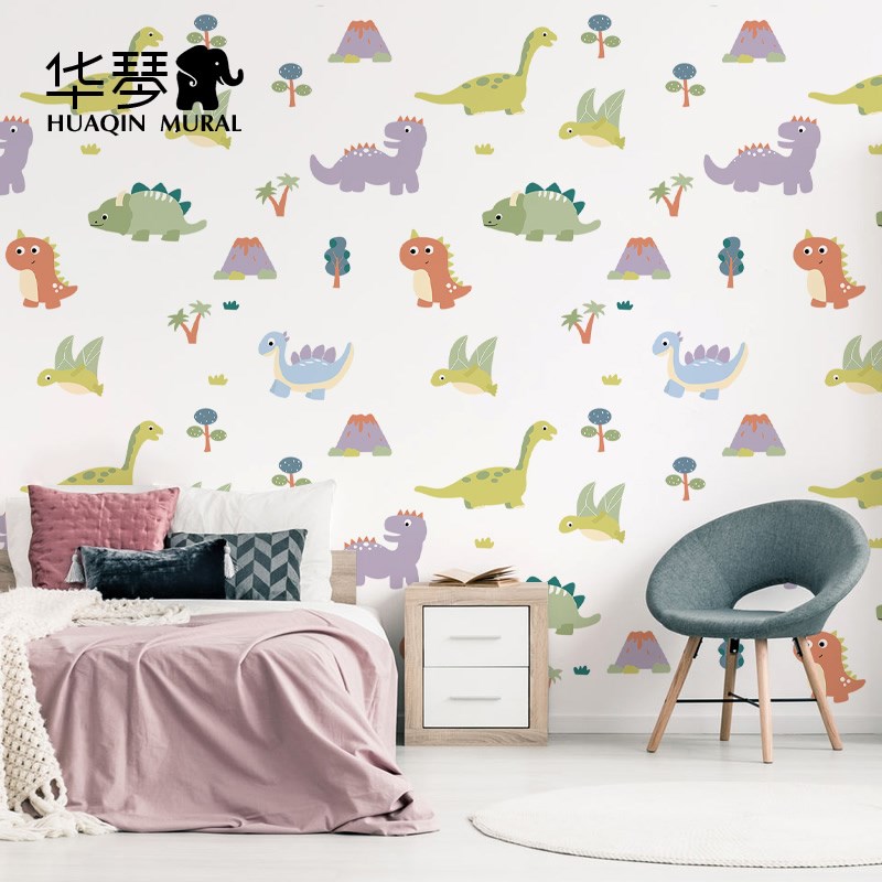 卡通恐龙图案环保儿童房背景墙壁纸全屋满铺无缝墙布壁画定制壁布