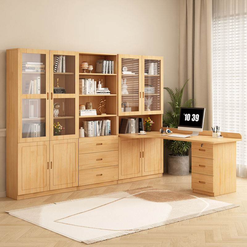 实木书桌学生家用学习桌书柜一体现代办公桌书桌台式电脑桌