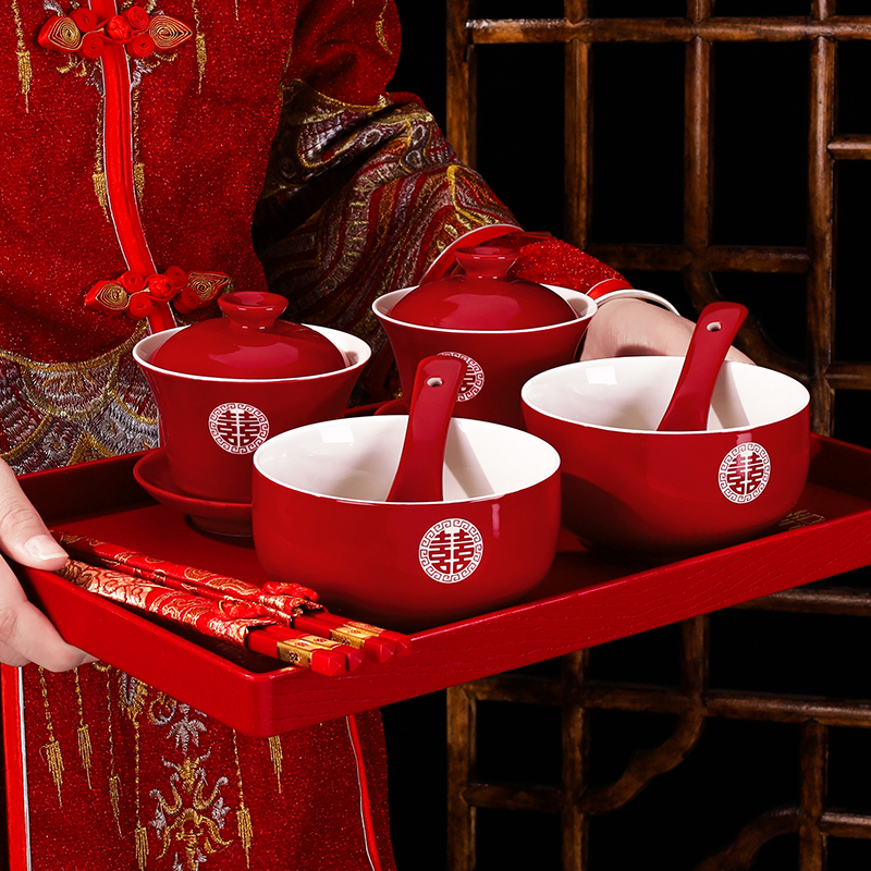 敬茶杯喜碗结婚礼喜事红色改口茶具对碗筷套装女方陪嫁用品大全