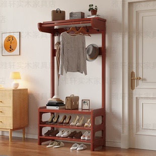 新款衣帽架鞋架一体实木入户门挂衣架门口换鞋凳组合顶部带置物架
