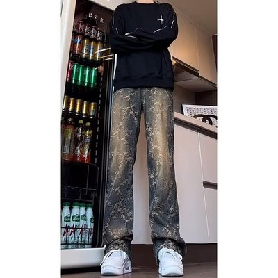荆棘提花牛仔裤美式高街vibe裤子男款水洗直筒微喇弯刀裤