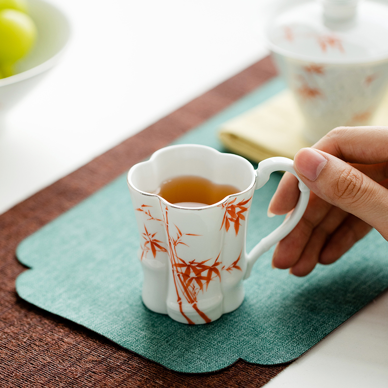 拓土描银主人杯家用中式品茗杯纯手绘红竹海棠花茶杯单个陶瓷茶杯