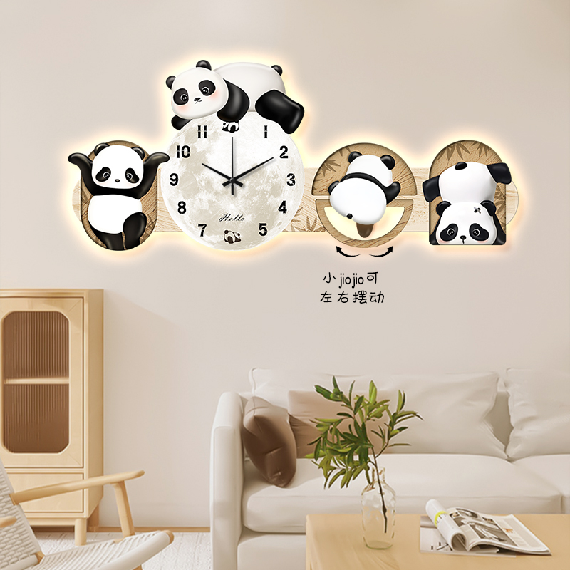 钟表挂钟客厅2023新款创意时钟壁灯熊猫挂画艺术电视背景墙装饰