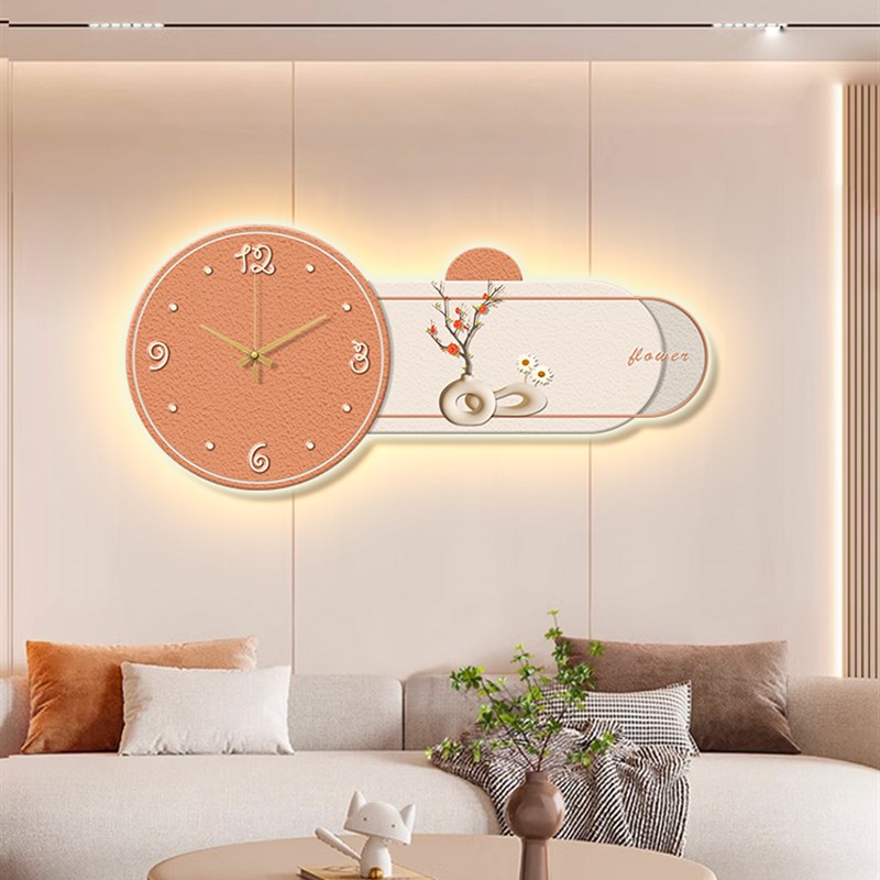 奶油风饭厅装饰画带钟表绿植挂钟客厅挂画高级感时钟发光气氛灯画