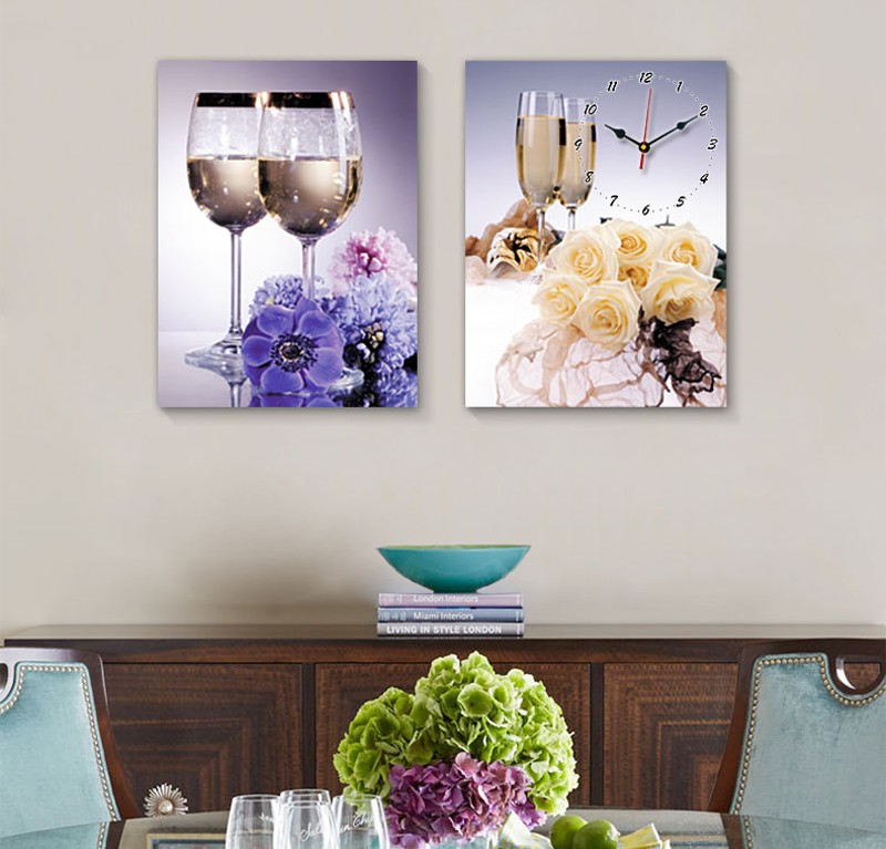 现代简约餐厅两联装饰画客厅挂钟无框画饭厅画配电箱遮挡创意墙画