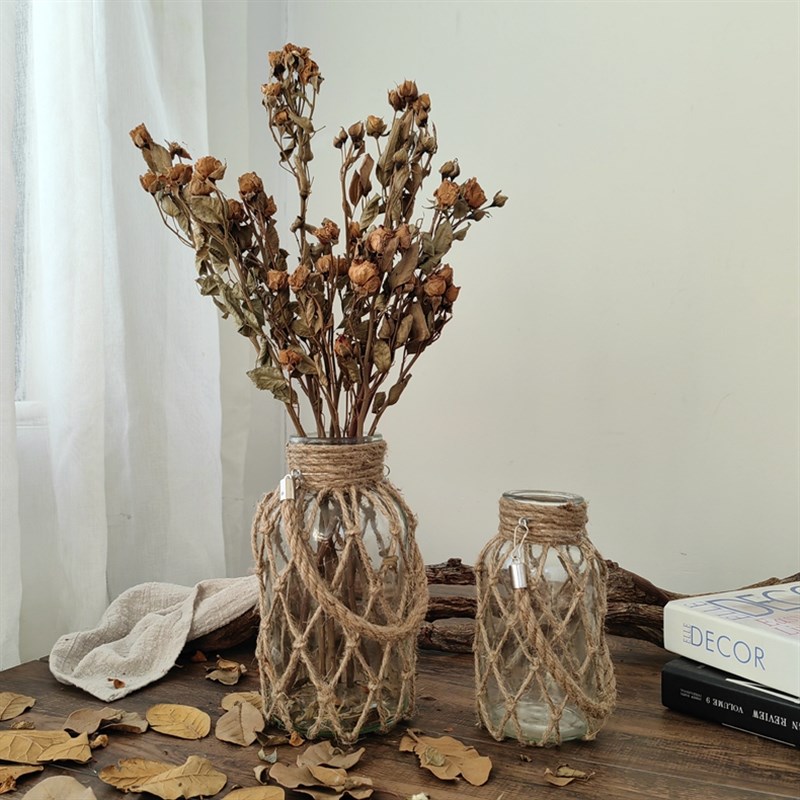 侘寂风文艺手工编织麻绳网袋玻璃花瓶创意花器干花搭配装饰摆件