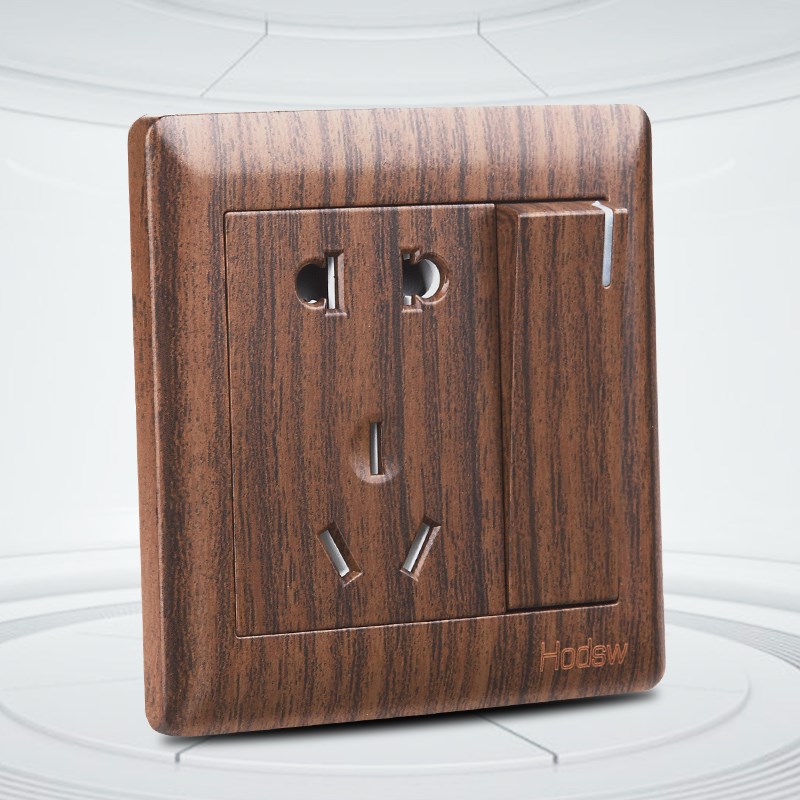 一开5五孔插座带开关胡桃仿木家用8型民宿个性开关木纹插座复古