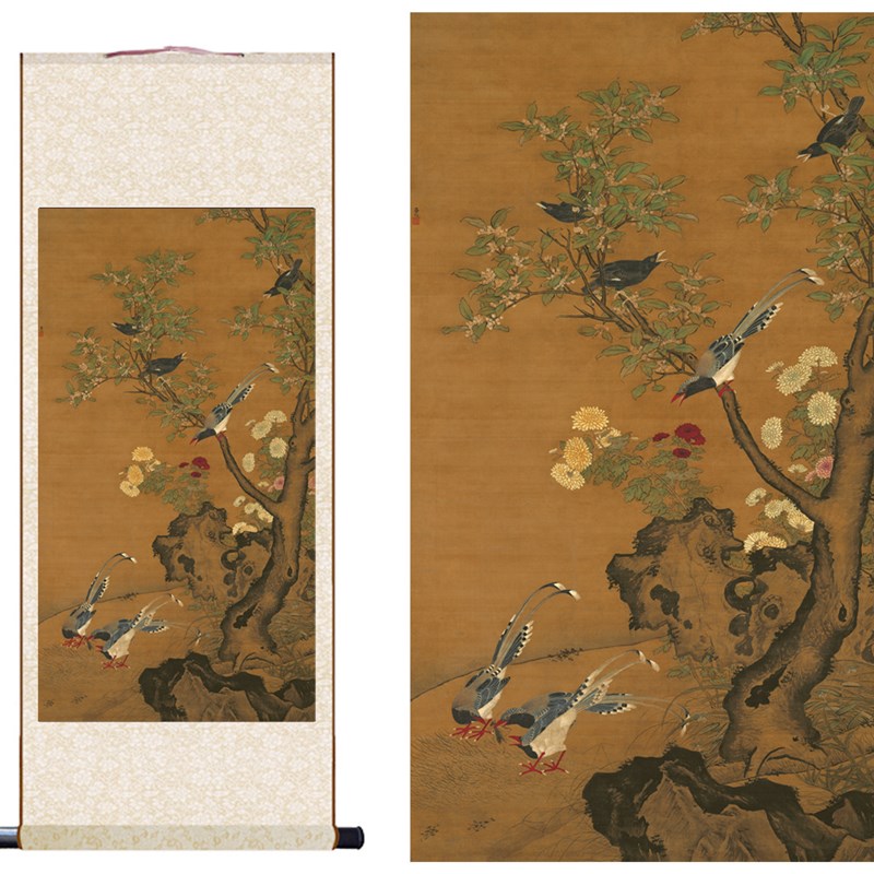 明 吕纪 桂菊山禽图杏花孔雀图高清艺术微喷复制国画装饰卷轴挂画图片