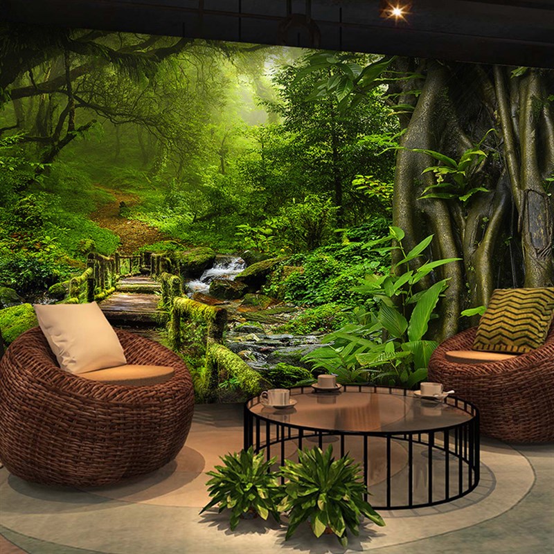 绿色植物森林墙纸3d立体延伸空间壁画客厅背景壁纸饭店咖啡馆装饰图片