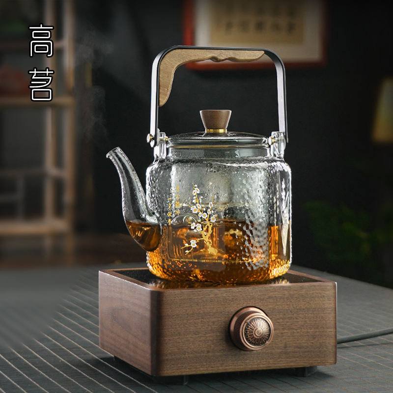 蒸煮一体玻璃茶壶白茶专用喷淋式双胆煮茶器黑胡桃实木电陶炉套装