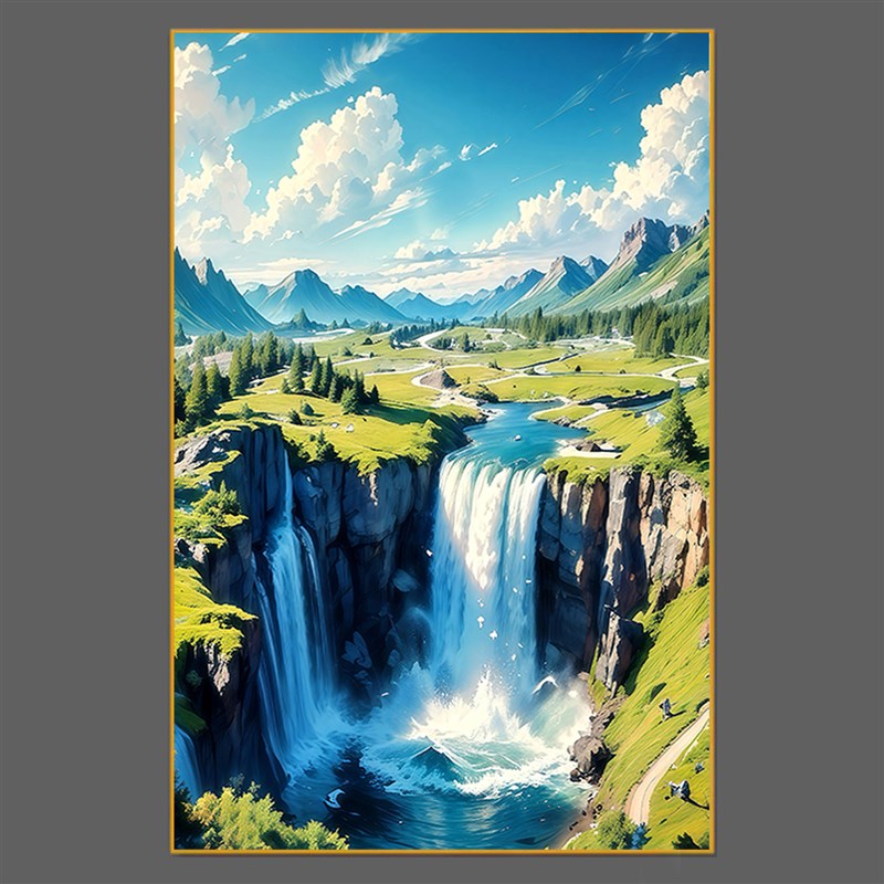 瀑布山水画图客厅玄关装饰画走廊过道平面晶瓷铝合金框画图片