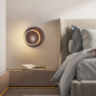壁灯年新款创意圆形月食木纹背景墙装饰灯卧室床头灯