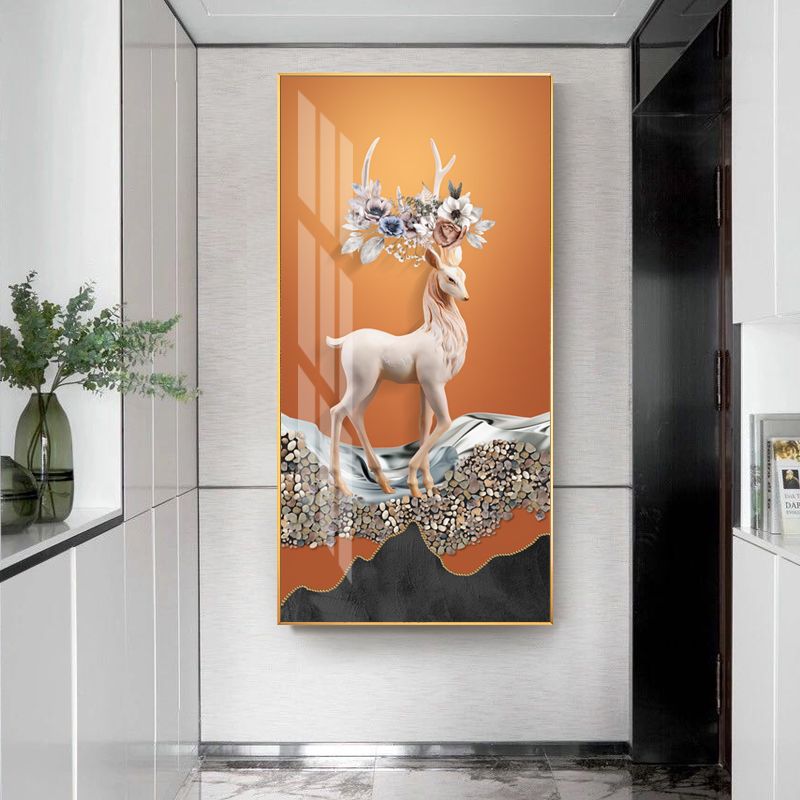 入户玄关装饰画客厅背景墙动物麋鹿画过道走廊建筑晶瓷挂画壁画图片