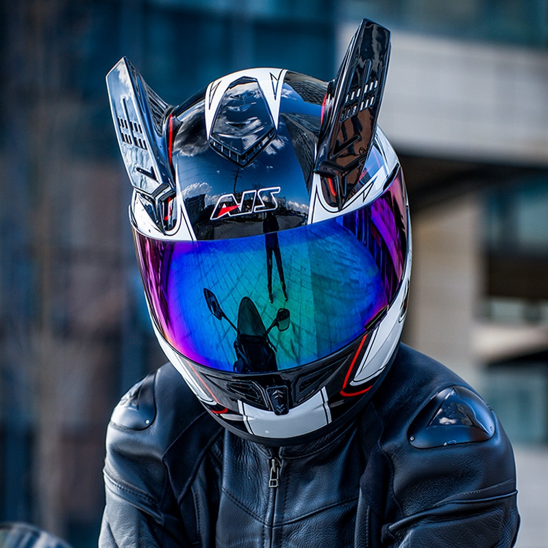 艾狮男女摩托车头盔全盔机车个性犄角四季夏季电动安全帽灰3c认证