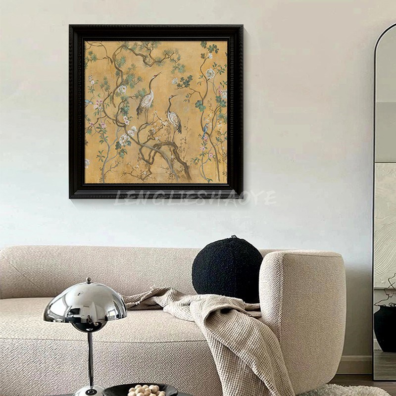 法式中古风手绘油画复古花鸟动物客厅餐厅装饰画吉祥仙鹤玄关挂画图片