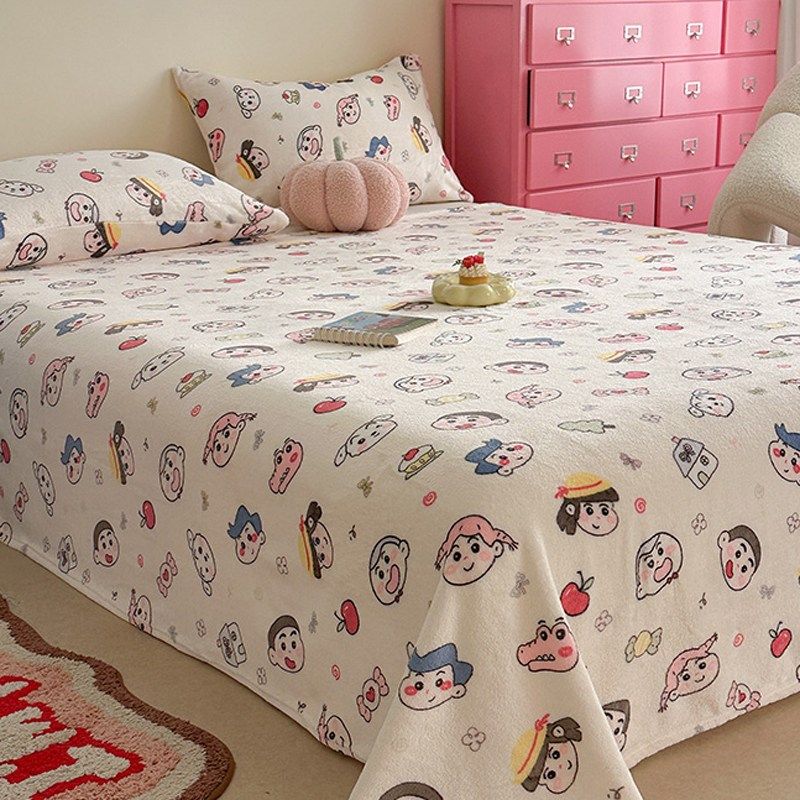 卡通牛奶珊瑚绒床单单件冬季加绒防滑床笠单人宿舍被单枕套三件套